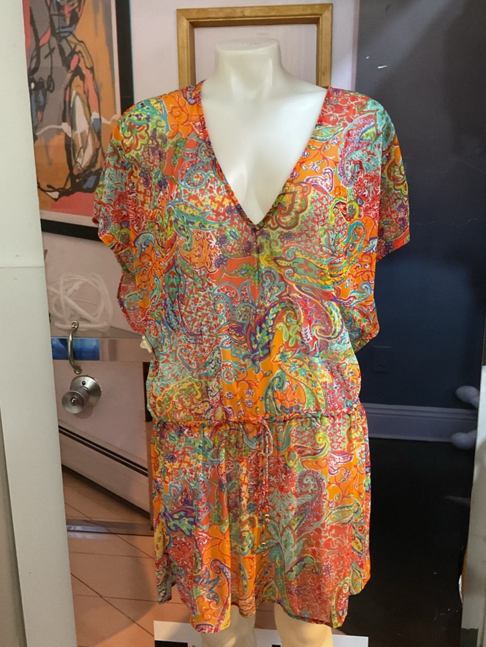 Ralph Lauren Vibrant Orange Paisley V-Neck Coverup Dress